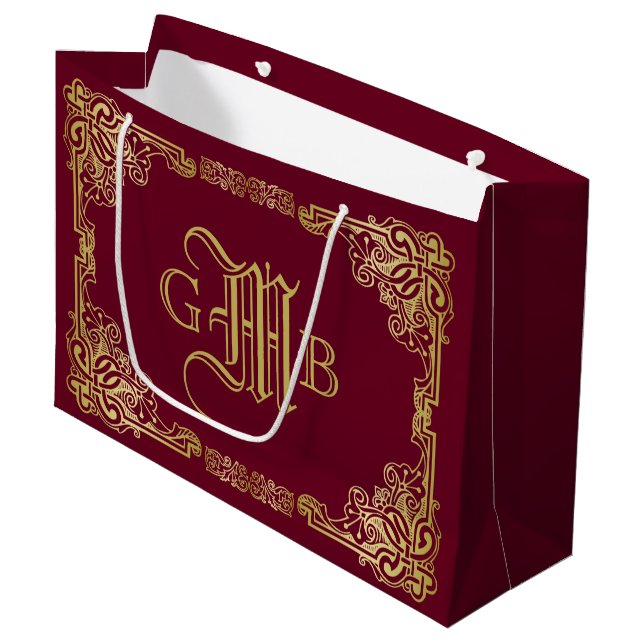 Wedding Anniversary Ornate Gold Frame Burgundy Large Gift Bag (Front Angled)