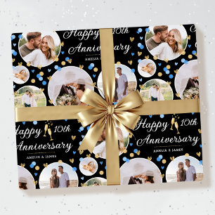 Wedding Anniversary Photo Collage Blue Black Gold Wrapping Paper