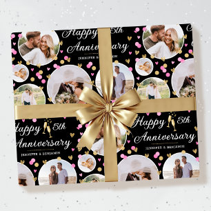 Wedding Anniversary Photo Collage Pink Black Gold Wrapping Paper