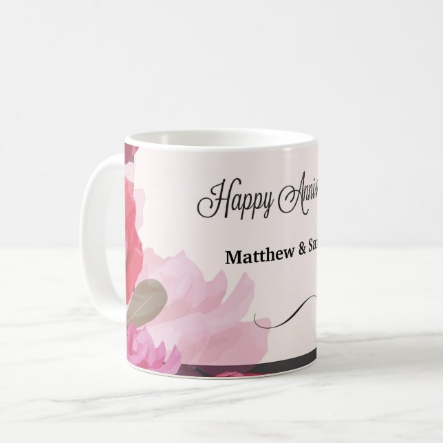 Wedding Anniversary Roses, Stripes, Custom Names Coffee Mug (Front Left)