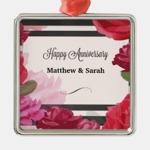 Wedding Anniversary Roses, Stripes, Custom Names Metal Tree Decoration