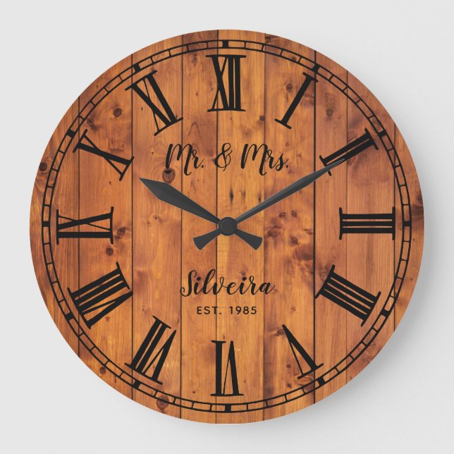 Wedding Anniversary Rustic Wood Mr Mrs Country Large Clock (Front)
