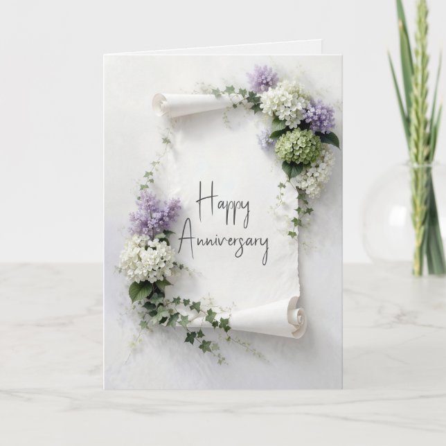Wedding Anniversary Scroll Lilacs and Hydrangeas  Card (Front)
