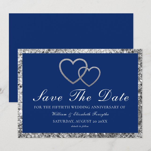 Wedding Anniversary Silver Hearts Blue Save The Date (Front/Back)