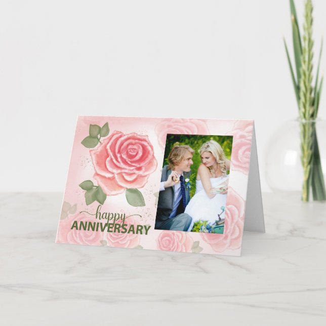 Wedding Anniversary Soft Roses With Custom Photo Card (Front)