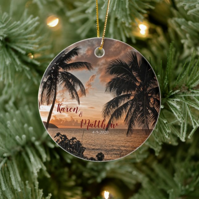 Wedding Anniversary Tropical Sunset Beach Custom Ceramic Tree Decoration (Tree)