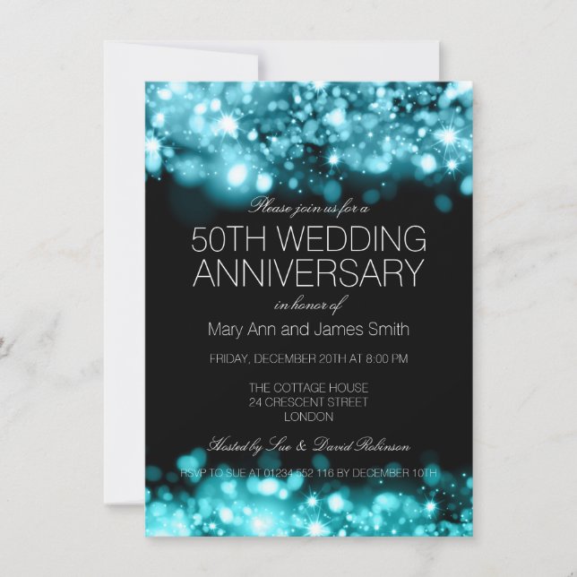 Wedding Anniversary Turquoise Sparkling Lights Invitation (Front)