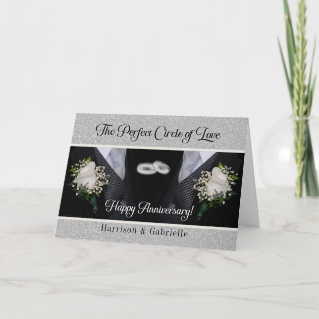 Wedding Anniversary | Two Grooms | Silver Damask Card (Front)