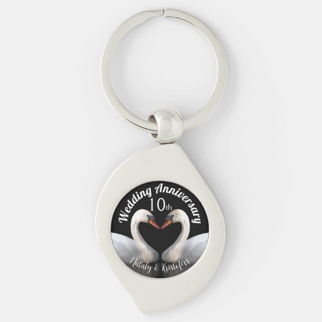 Wedding Anniversary two swans Black Key Ring (Front)