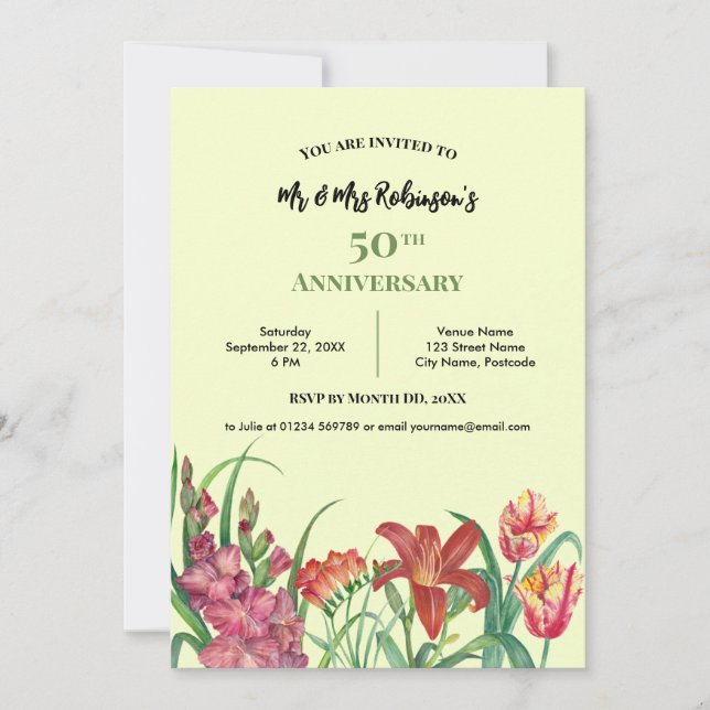 Wedding Anniversary Watercolor Gladioli Lily Tulip Invitation (Front)