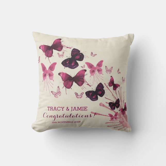 Wedding Anniversary Watercolor Pink Butterflies Outdoor Cushion (Front)