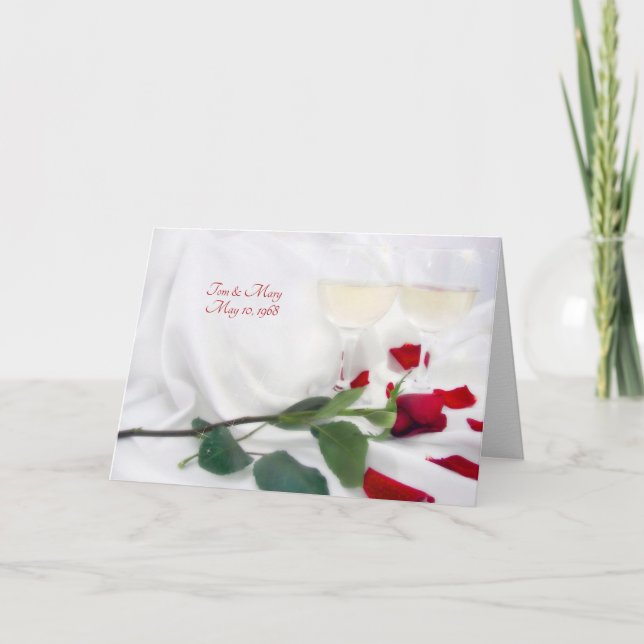 wedding anniversary wine and rose on satin card (Front)