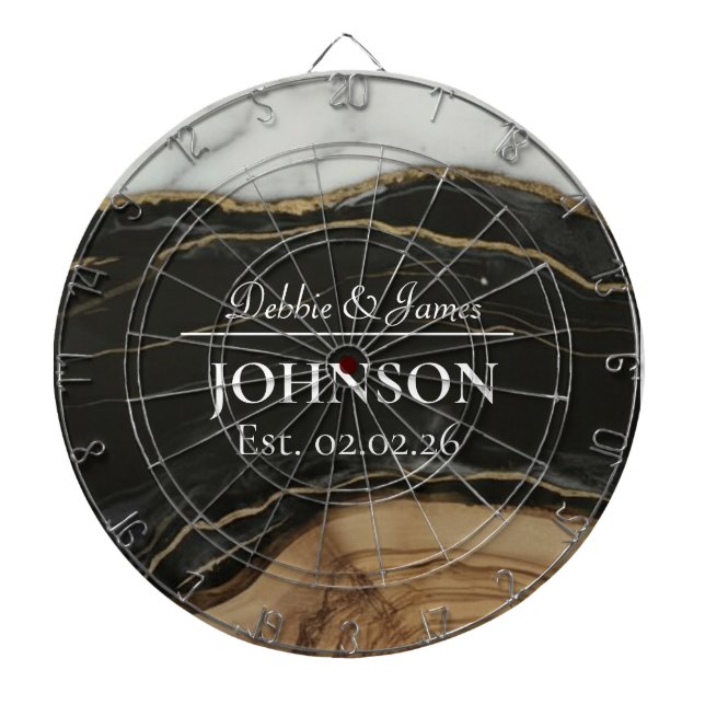 Wedding Anniversary Wood Black White Agate Marble  Dartboard (Front)