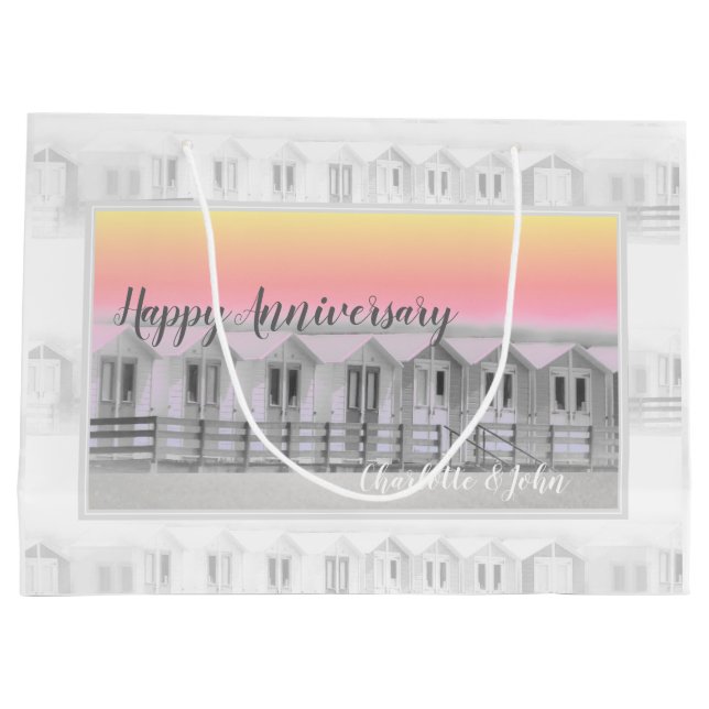 Wedding annivesary beach huts at sunset gift bag (Back)