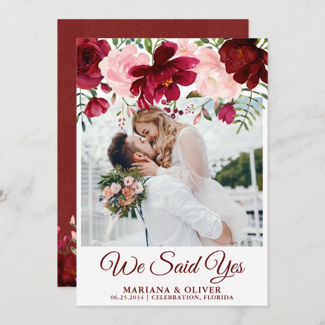 Wedding Announcement Burgundy Pink Floral (Front/Back)