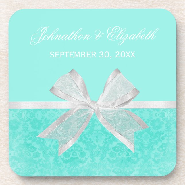 Wedding Announcement Chic Aqua Damask White Bow Coaster (Front)
