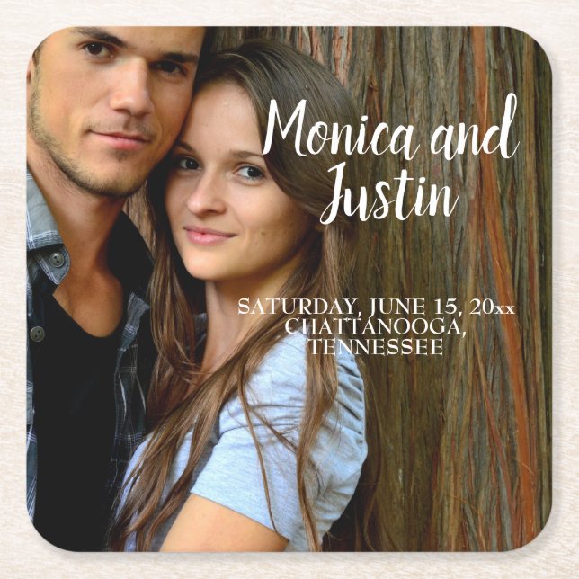 Wedding Announcement Photo Save Date Square Paper Coaster (Front)