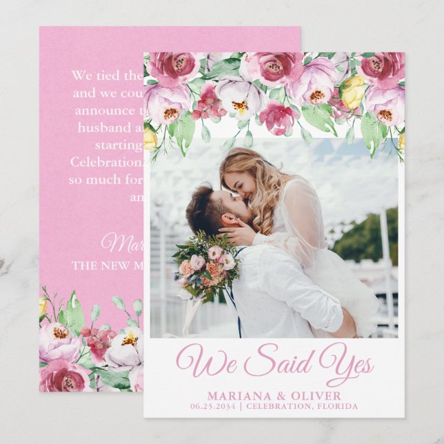 Wedding Announcement Pink Watercolor Floral (Front/Back)