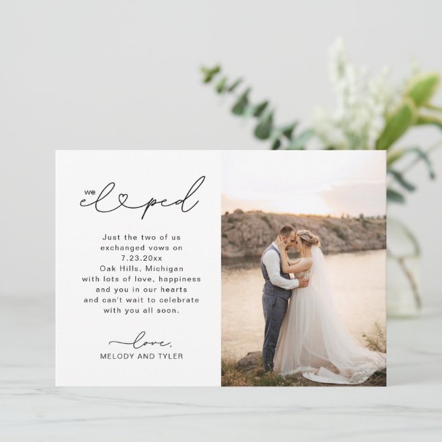 Wedding Announcement We Eloped Script Photo Card (Standing Front)