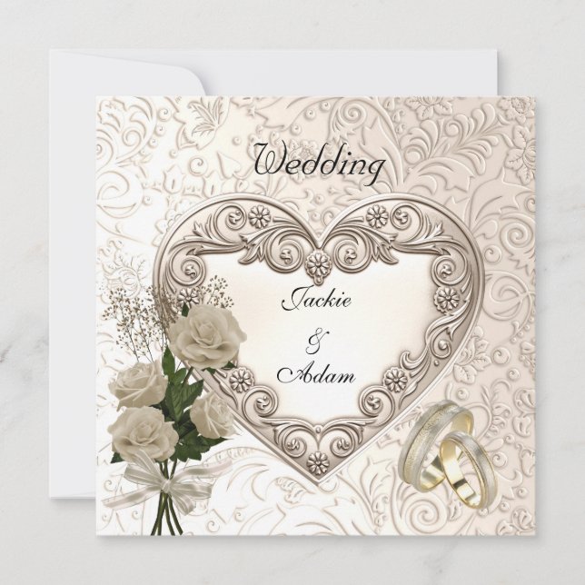 Wedding Antique Floral Roses Beige Cream Invite (Front)