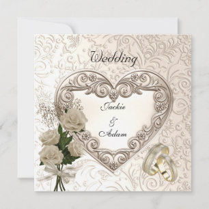 Wedding Antique Floral Roses Beige Cream Invite