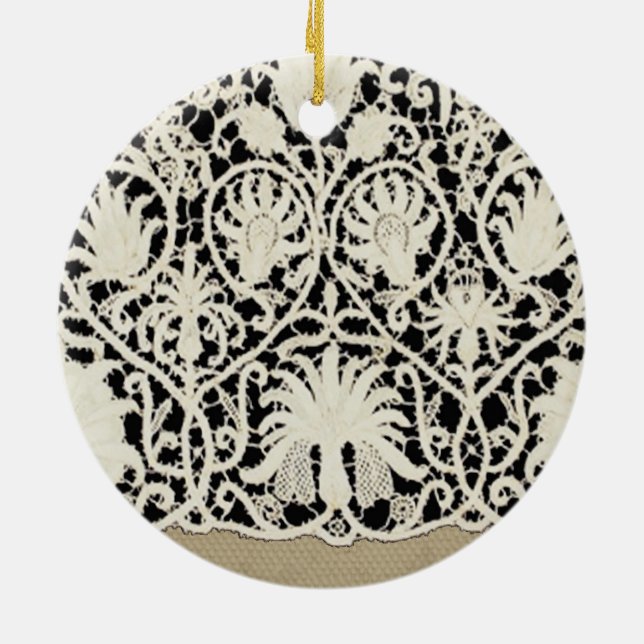 Wedding Antique Lace Linen White Classic Pretty Ceramic Tree Decoration (Back)