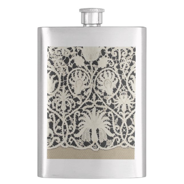 Wedding Antique Lace Linen White Classic Pretty Hip Flask (Front)