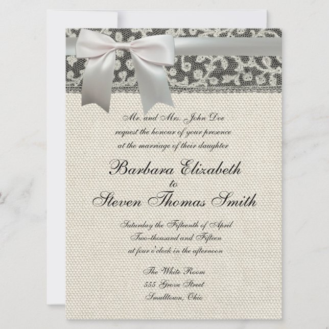 Wedding Antique Lace Linen White Classic Pretty Invitation (Front)