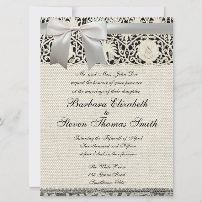 Wedding Antique Lace Linen White Classic Pretty Invitation (Front)