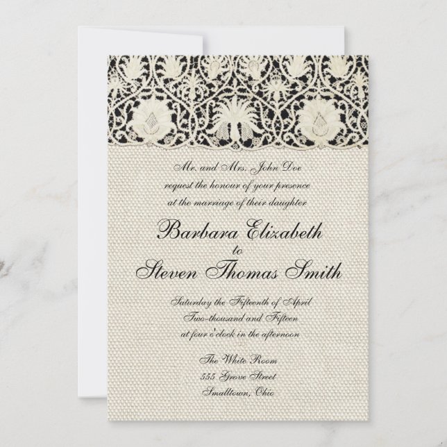 Wedding Antique Lace Linen White Classic Pretty Invitation (Front)