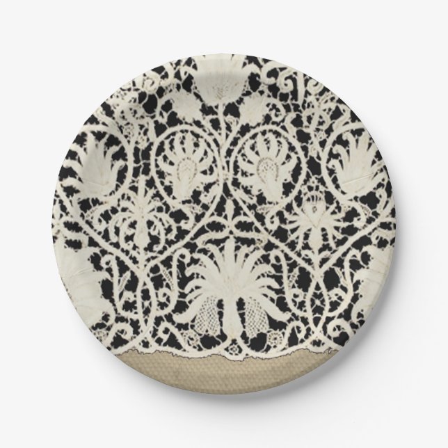 Wedding Antique Lace Linen White Classic Pretty Paper Plate (Front)