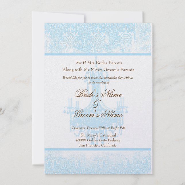 Wedding Aqua Blue Antique Damask Chandelier Invitation (Front)