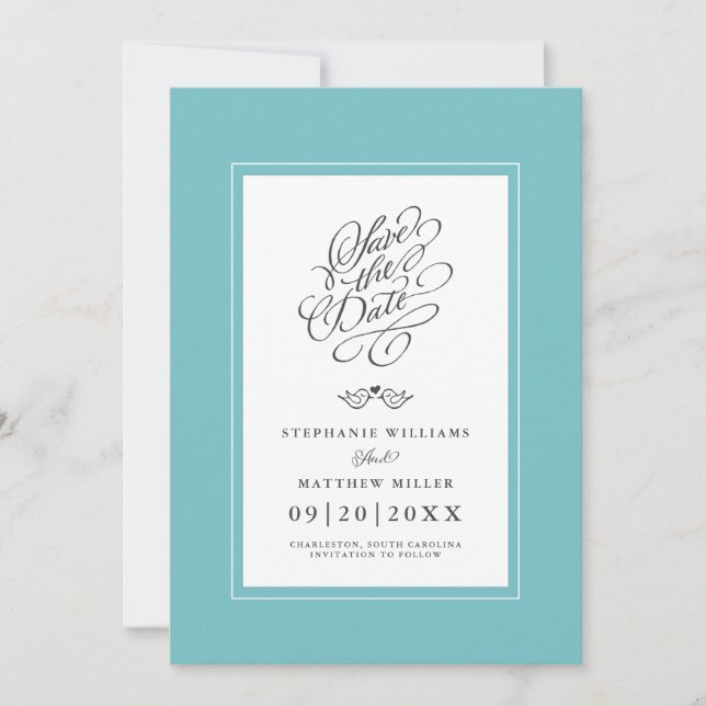 Wedding Aqua Blue Green Calligraphy Printable Chic Save The Date (Front)