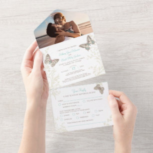 Wedding aqua brown butterflies photo meal RSVP All In One Invitation