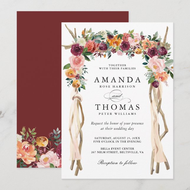 Wedding Arch Burgundy Blush Rustic Bloom Floral Invitation (Front/Back)