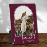 Wedding Arch Photo Burgundy Plaque<br><div class="desc">A special keepsake features your wedding photo in an elegant arch design with the text "Married" in chic text along with your names and wedding date on a burgundy background. Beautiful gift for your family and a fabulous memory to display in your own home. BACKGROUND colour can be changed! MORE...</div>