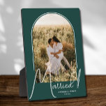 Wedding Arch Photo Emerald Green Plaque<br><div class="desc">A special keepsake features your wedding photo in an elegant arch design with the text "Married" in chic text along with your names and wedding date on a emerald green background. Beautiful gift for your family and a fabulous memory to display in your own home. BACKGROUND colour can be changed!...</div>