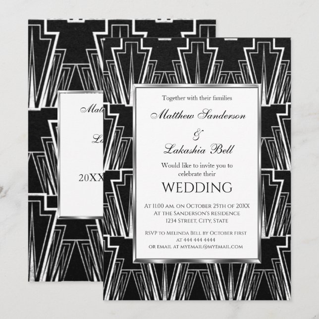 Wedding Art Deco Black and White Invitation (Front/Back)