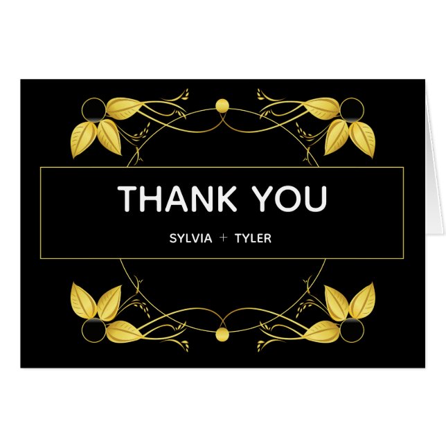Wedding Art Deco Gold Black Leaf Thank You (Front Horizontal)