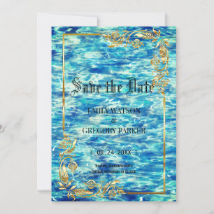 Wedding at the pool, golden frame save the date