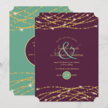 Wedding Aubergine Mint Gold String Lights Invites