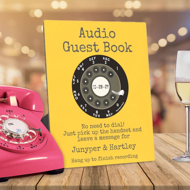 Wedding Audio Guest Book Black Rotary Dial Mustard Plaque (Audio Guest Book Personalized 8x10 easel sign - black rotary dial- mustard yellow background)