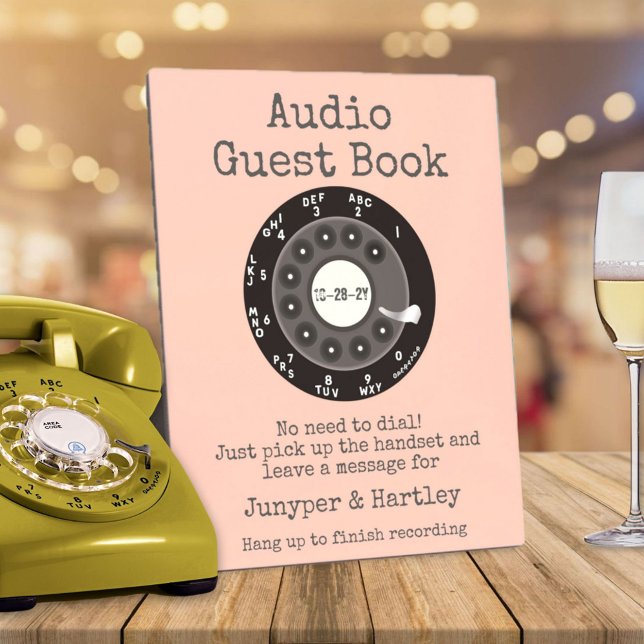 Wedding Audio Guest Book Black Rotary Dial Pink Plaque (Audio Guest Book Personalized 8x10 easel sign - black rotary dial- pink background)