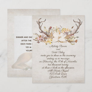 wedding autumn bouquet and deer antlers invitation