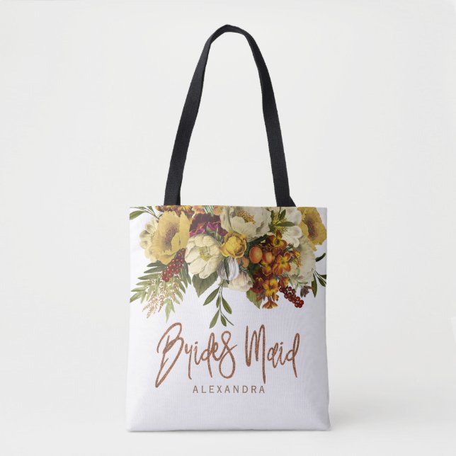 Wedding autumn fall flowers and leaves brideasmaid tote bag (Front)