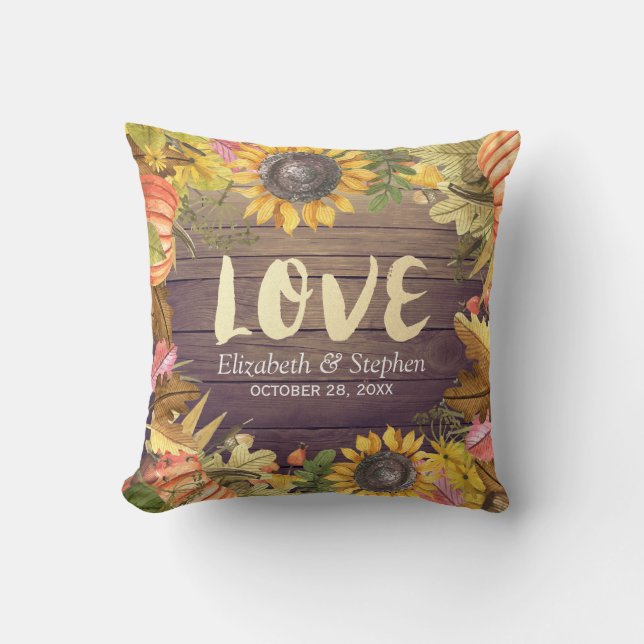 Wedding Autumn Maple Leaves Pumpkin Sunflower Wood Cushion (Front)