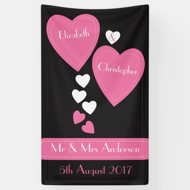Wedding Backdrop / Photo Booth Black & Pink hearts Banner (Vertical)