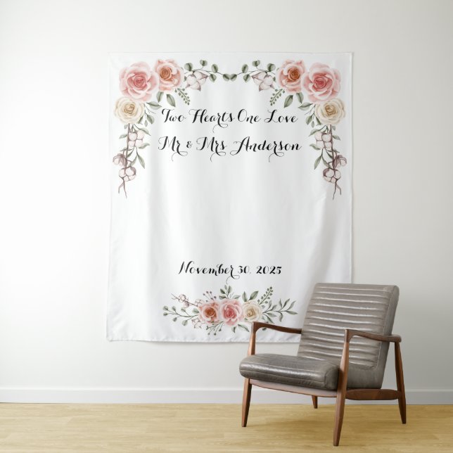 Wedding  Backdrop Pink Ivory Roses Floral Design  Tapestry (In Situ)