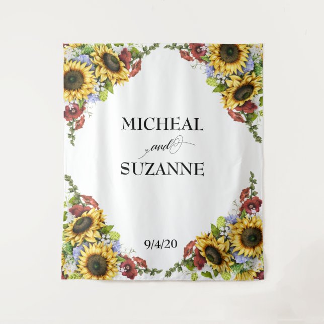Wedding Backdrop Sunflower Burgundy flower Tapestry (Front)
