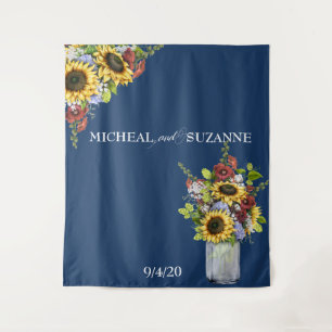 Wedding Backdrop Sunflower Mason Jar Burgundy Navy Tapestry
